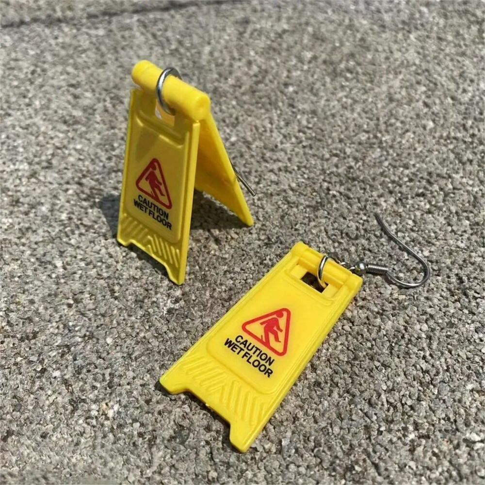 Novelty “Caution Wet Floor” Earrings – Funny Yellow Sign Dangle Earrings